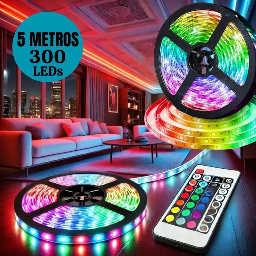 Fita Rgb Rolo LED 300 Leds 5 Metros Controle Remoto Com Fonte IP65 IP20 Decoração Colorida Natal