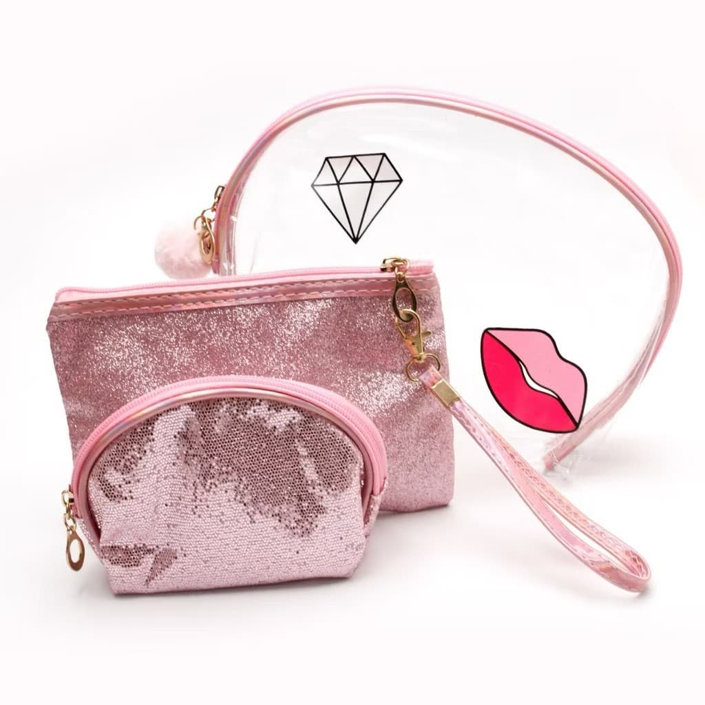 KIT 3 Nécessaires Glamour - Transparente e Brilhante - Ideal para Viagens e Dia a Dia Organização