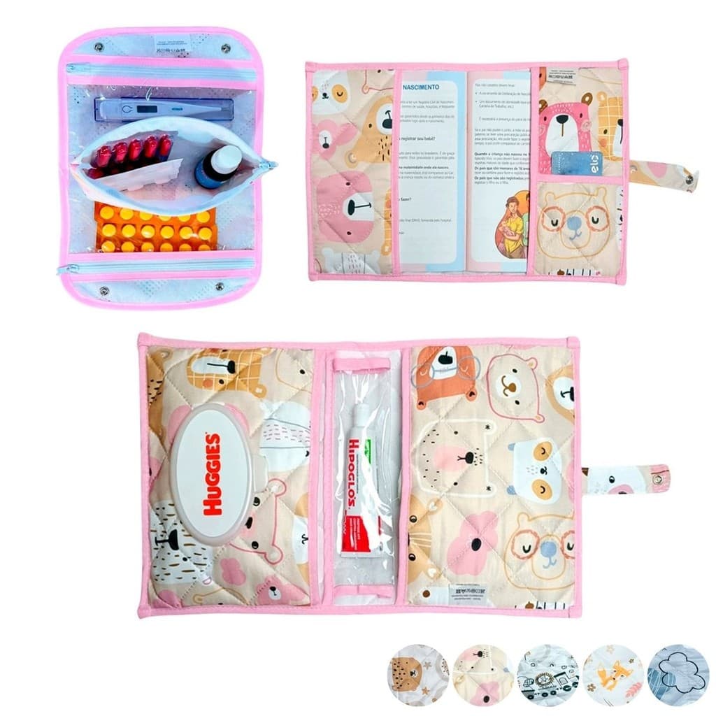 Necessaire Porta Remédios Portátil + Porta Fraldas, lenço Umedecido e Pomada + Porta Caderneta de Vacinação Para Bebê