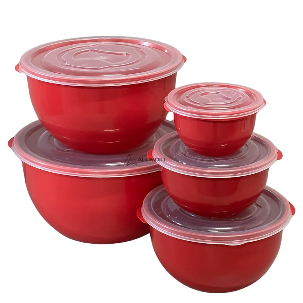 Kit Conjunto Jogo de 5 Potes Vermelho Plásticos Bowl Tampa Mantimentos Cozinha Saladeira 5 peças