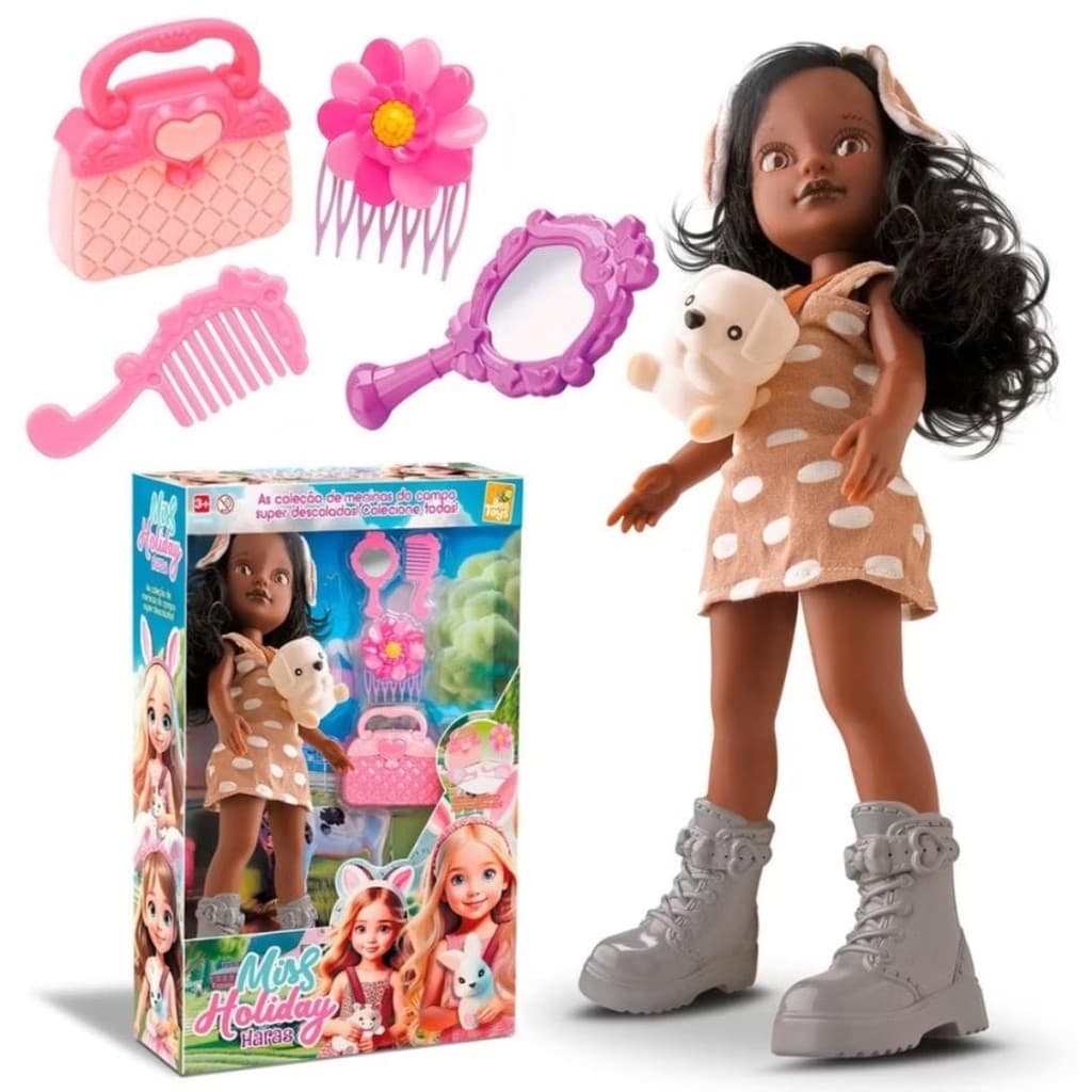 Boneca Miss Holiday Haras Negra 34cm Com Bolsa Cachorro E Lindos Acessórios - Envio Imediato - Bee Toys -