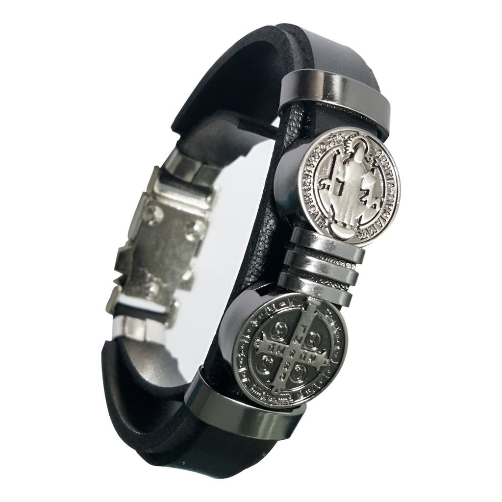 Pulseira Masculina De Couro Cruz Sagrada São Bento Bracelete