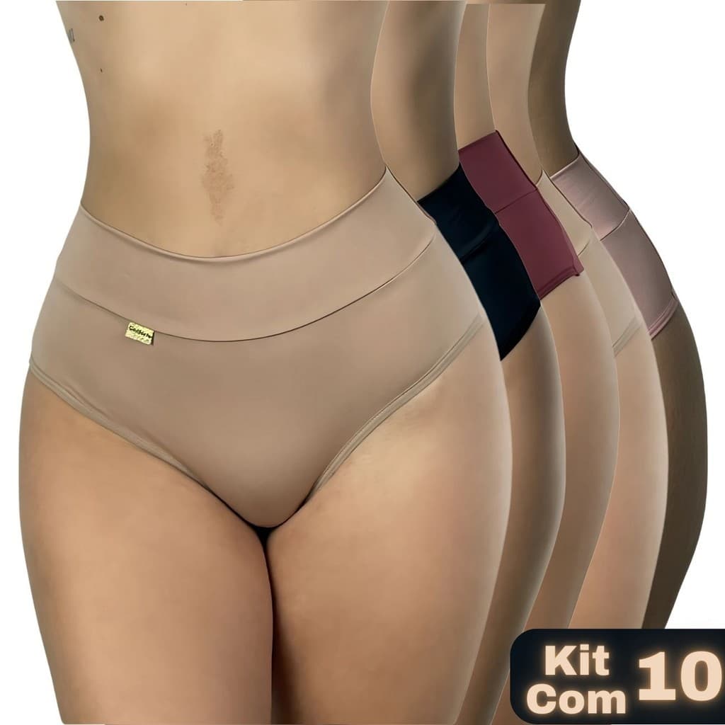 Kit 10 Calcinhas Cintura Alta Cós Duplo Fio Duplo Segura Fitness  Barriga Sem Viés no Bum bum