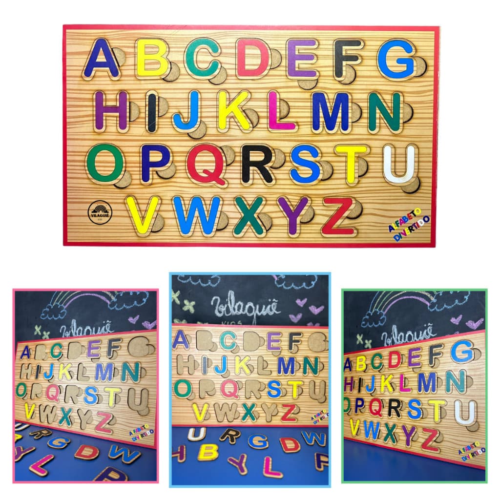 Brinquedo Alfabeto Divertido Encaixe em Madeira MDF Brinquedo Educativo Pedagógico Alfabetização