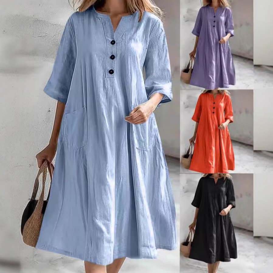 Vestido feminino de comprimento médio com decote em V meia manga algodão linho solto Plus Size