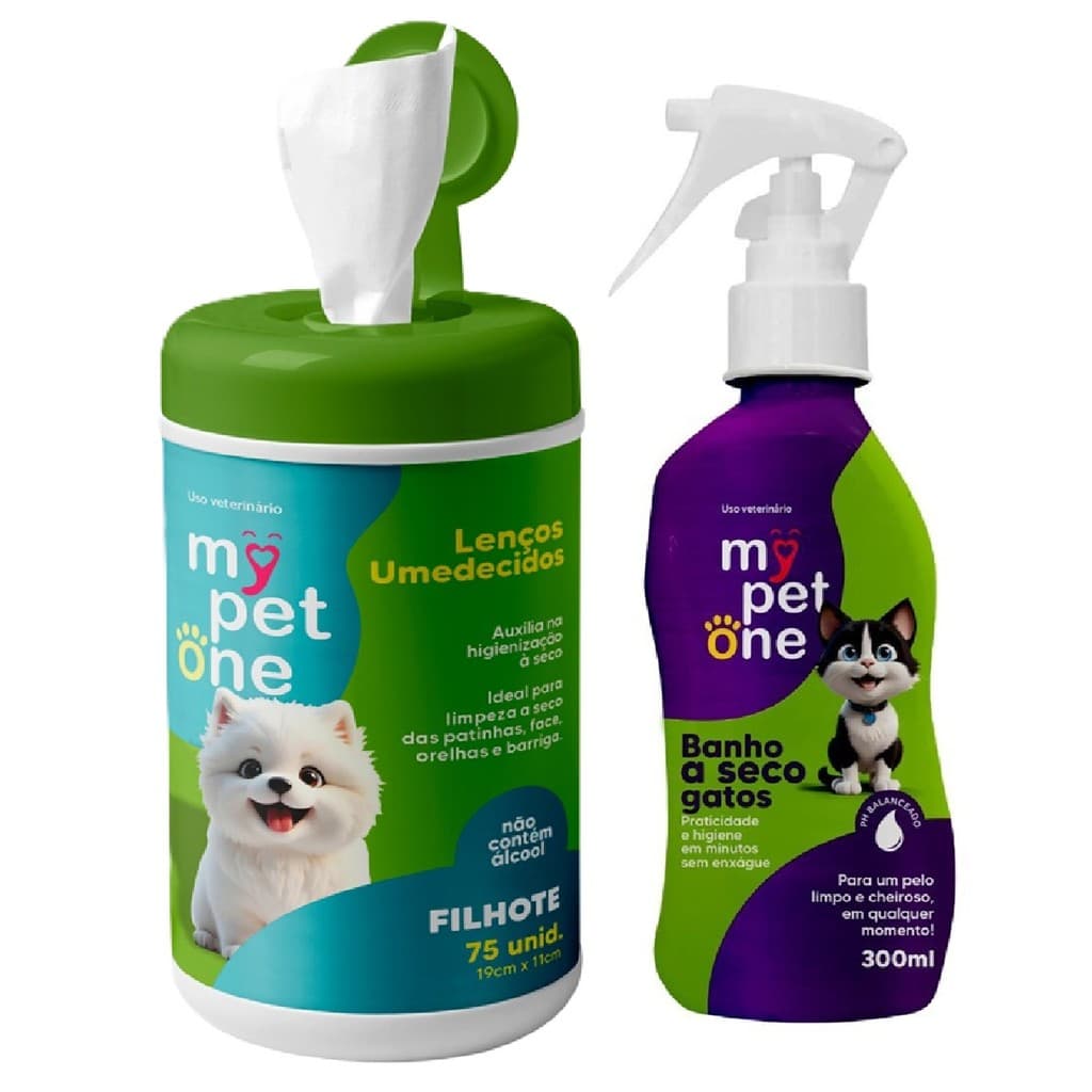 Kit Banho a Seco Filhotes Gatos + Lenço Umedecido Filhotes Mypetone