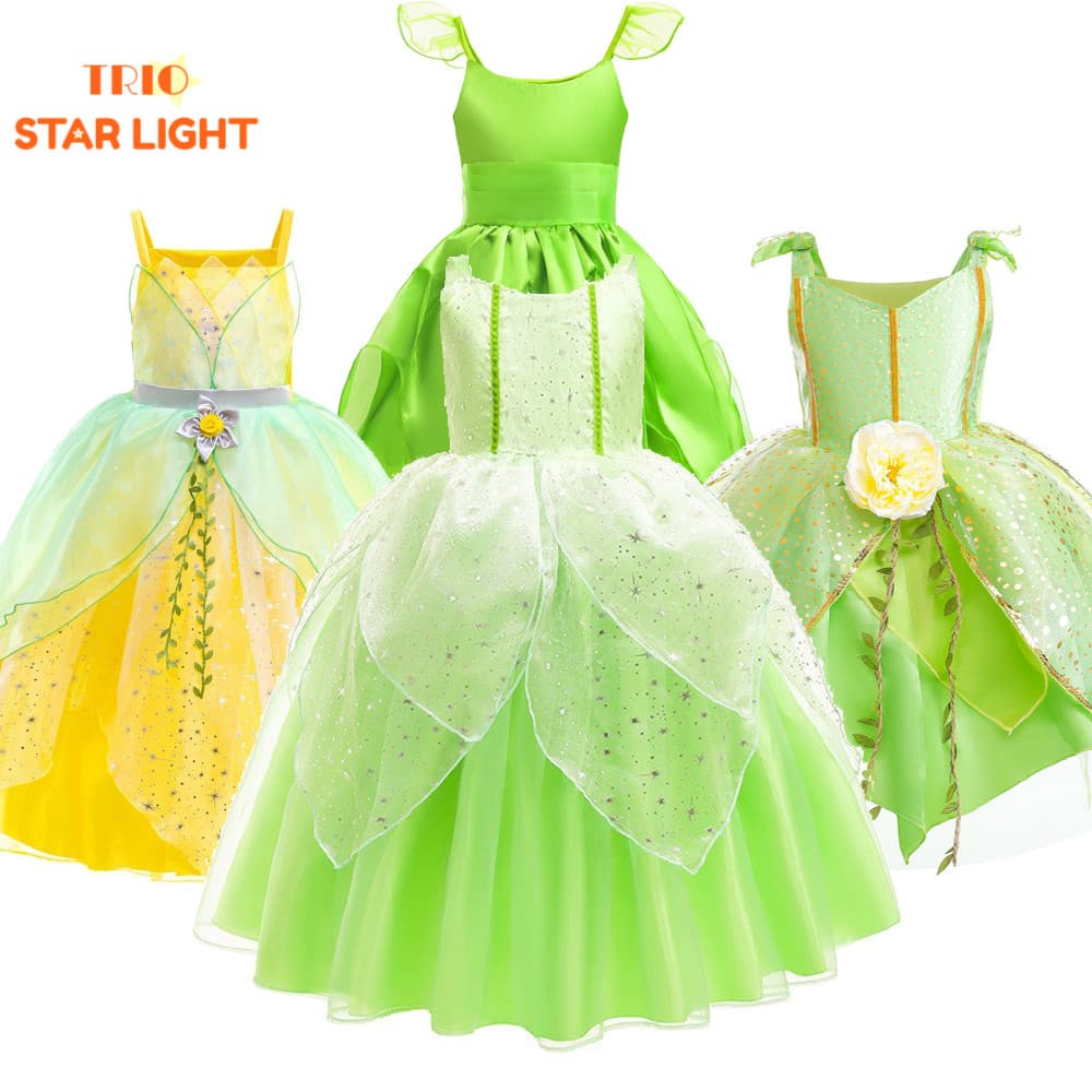 Fatos de “Tinkers Bells”,vestidos de “Tiana”para crianças,vestidos de princesa para festas de aniversário de meninas