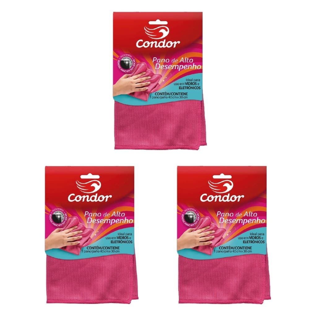 Pano Microfibra Limpa Vidros Rosa 40x30cm Kit C/ 3 Unidades - Condor