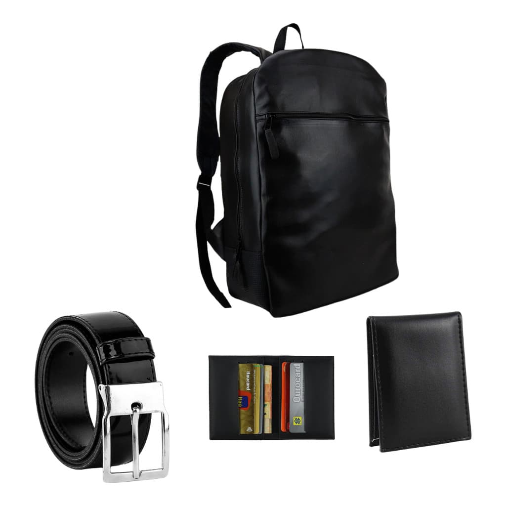 Kit Mochila Carteira Cinto E Porta Cartão Sintetico Preto