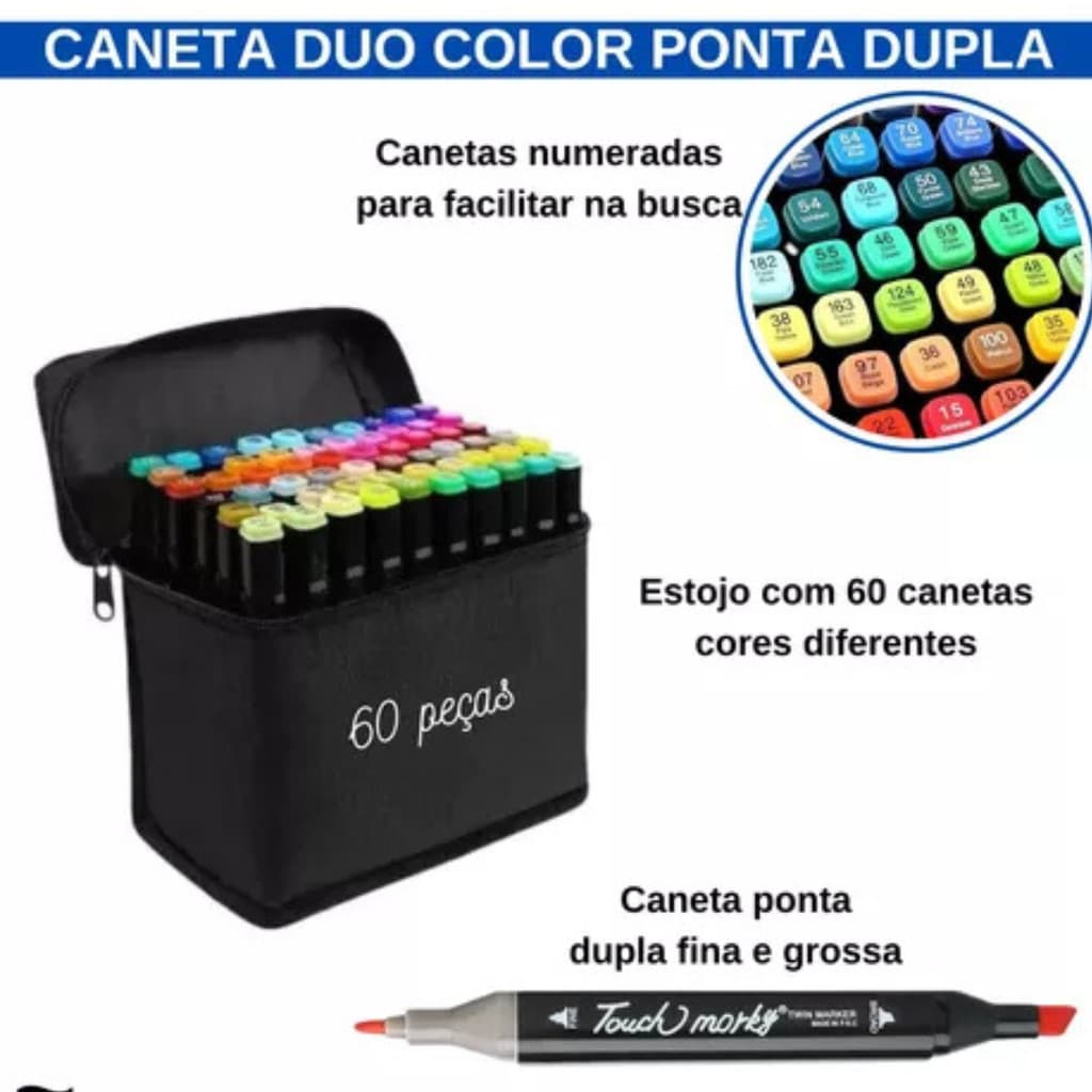 Kit Caneta Colorida Ponta Dupla 60 Peças com Estojo
