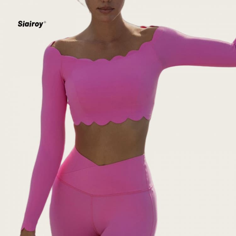 Siairoy Lace Ladies Yoga Suit com almofada no peito Calças justas de manga comprida