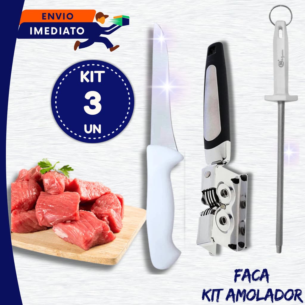JOGO 03 un Faca 26,8 cm 6" Linha Top Premium + Amolador + Chaira Profissional Restaurantes Açougues Utilidades Inox