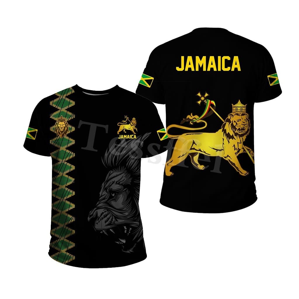 Verão Masculino Feminino Listrado Jamaica Leão Emblema Estilo 3D Impresso Camiseta Manga Curta Roupas De Rua