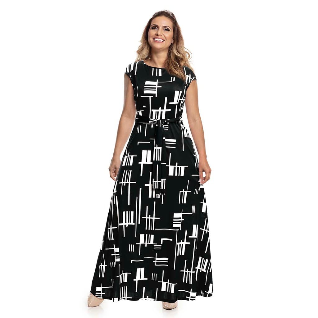 Vestido Longo com Manga Japonesa e Faixa Embutida – Moda Evangélica