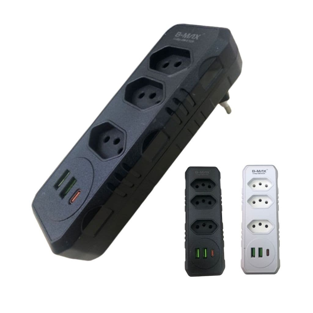 Extensão de Parede 3 Tomadas + 2 USB + 1 Tipo-C – Carregue Vários Dispositivos com Segurança!