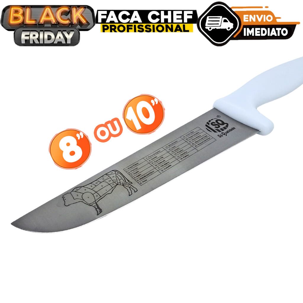 Faca Carne Chef Aço Cabo Branco 8'' ou 10" Profissional Churrasco Entre as melhores facas de cozinha