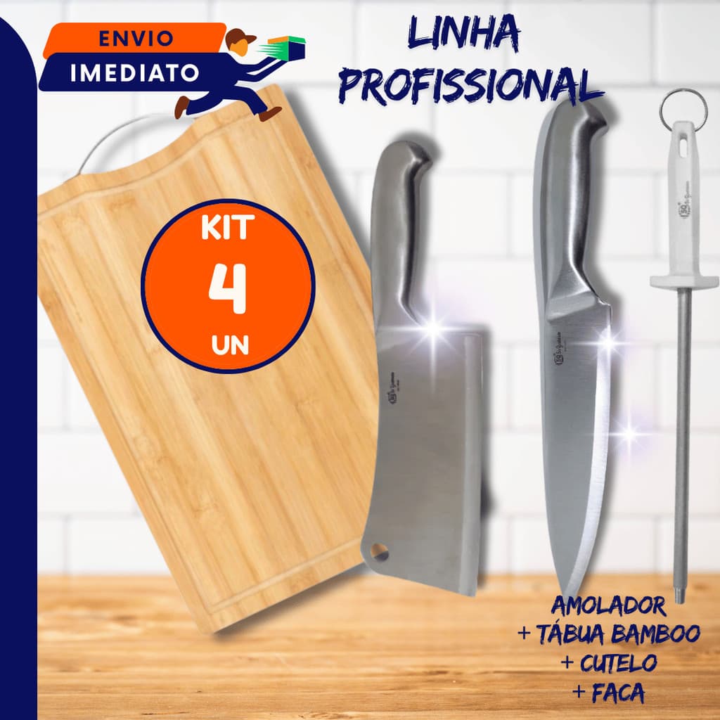 Jogo 2 a 4 peças Tábua Corte Bambu com Alça Faca Inox Inteiriça 6" Cutelo Amolador Chaira Legumes Churrasco e Carne