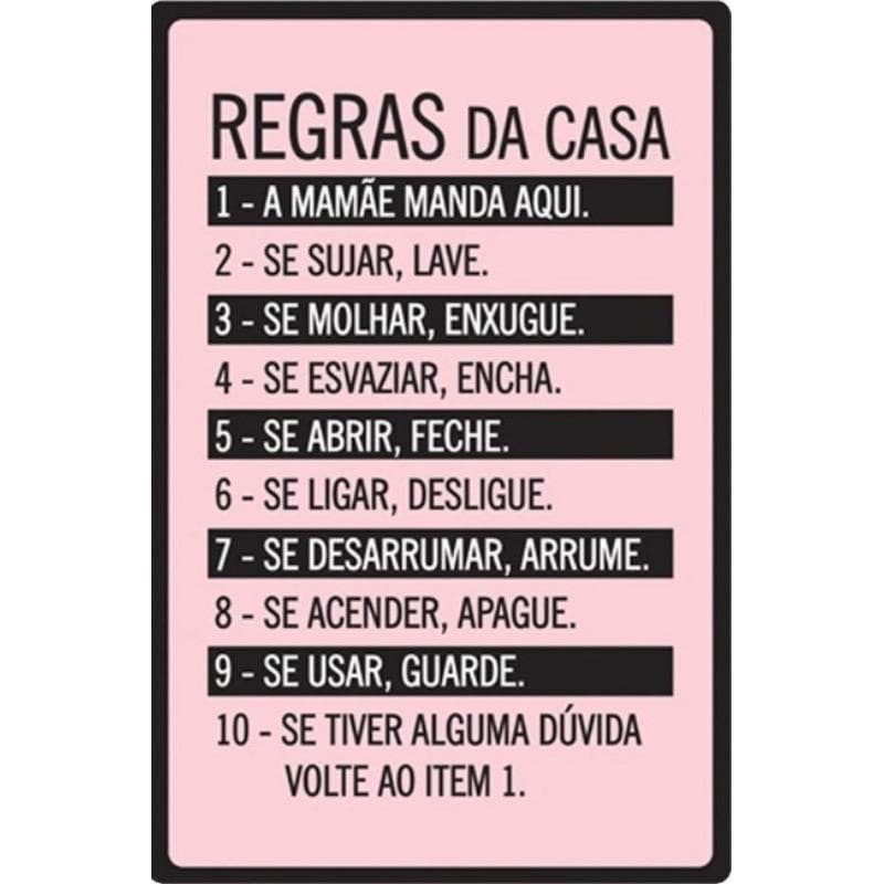 Placa Decorativa Regras Da Casa Rosa  20x30 Mdf