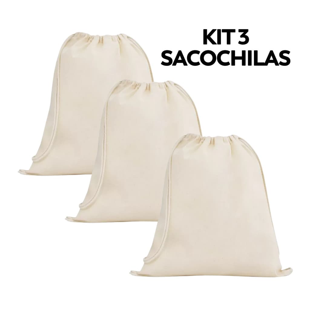 Kit 3 Mochila Estilo Sacochila Algodão Cru Ecobag Mochilinha 100% Algodão 35x39