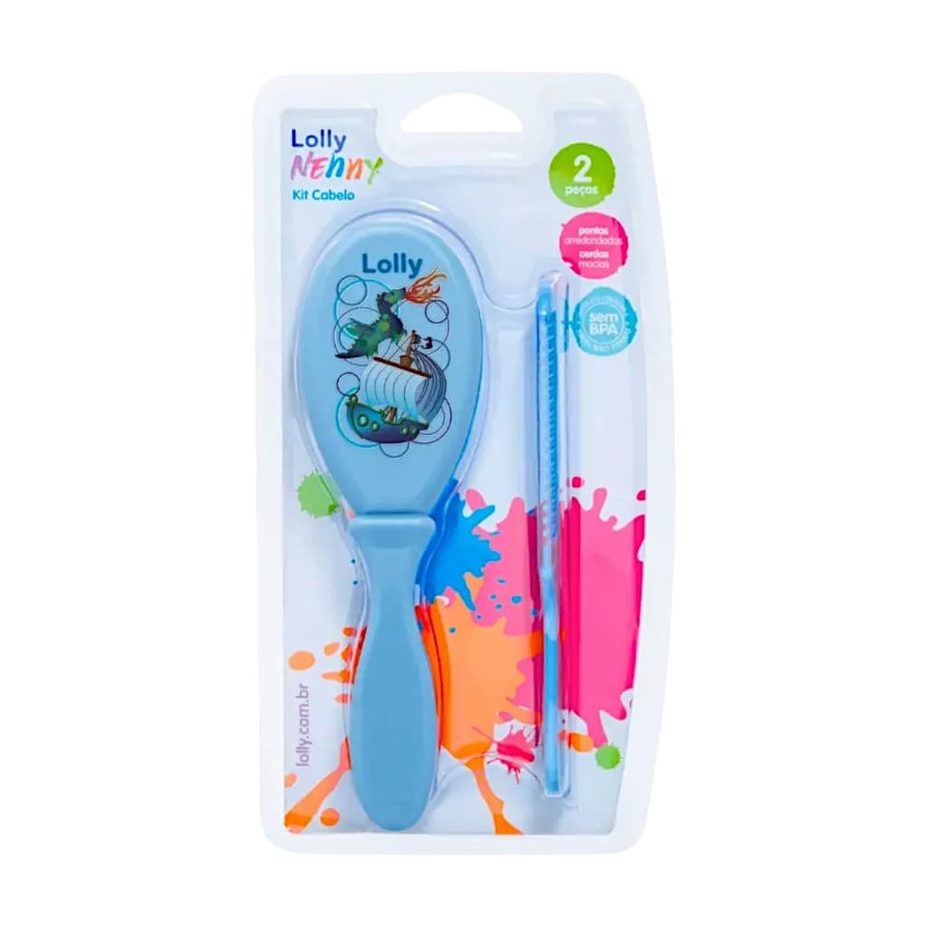 Kit Pente e Escova e Cabelo para Bebê Menino Azul Cerdas Macias Lolly 705001