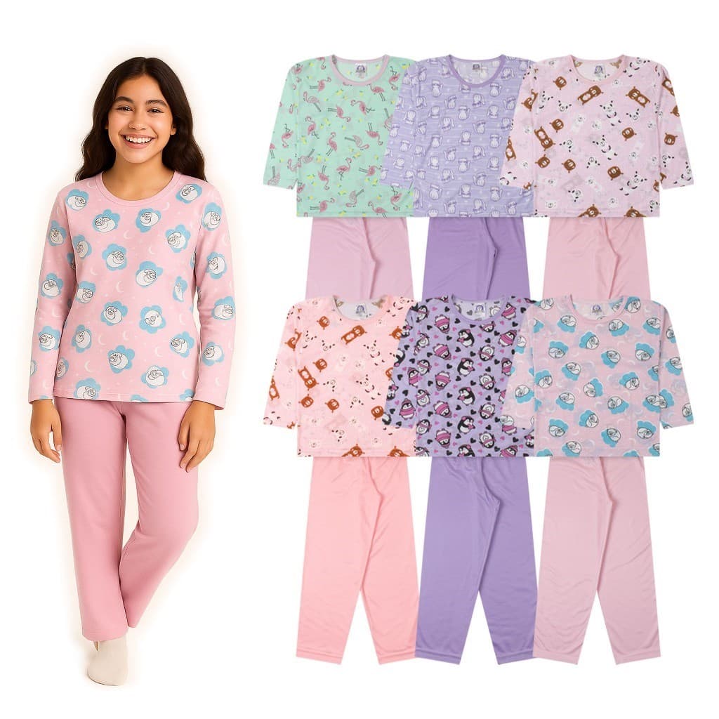 Kit 4 Peças Pijama Estampado Infantil Juvenil Feminino 2 Blusas + 2 Calças