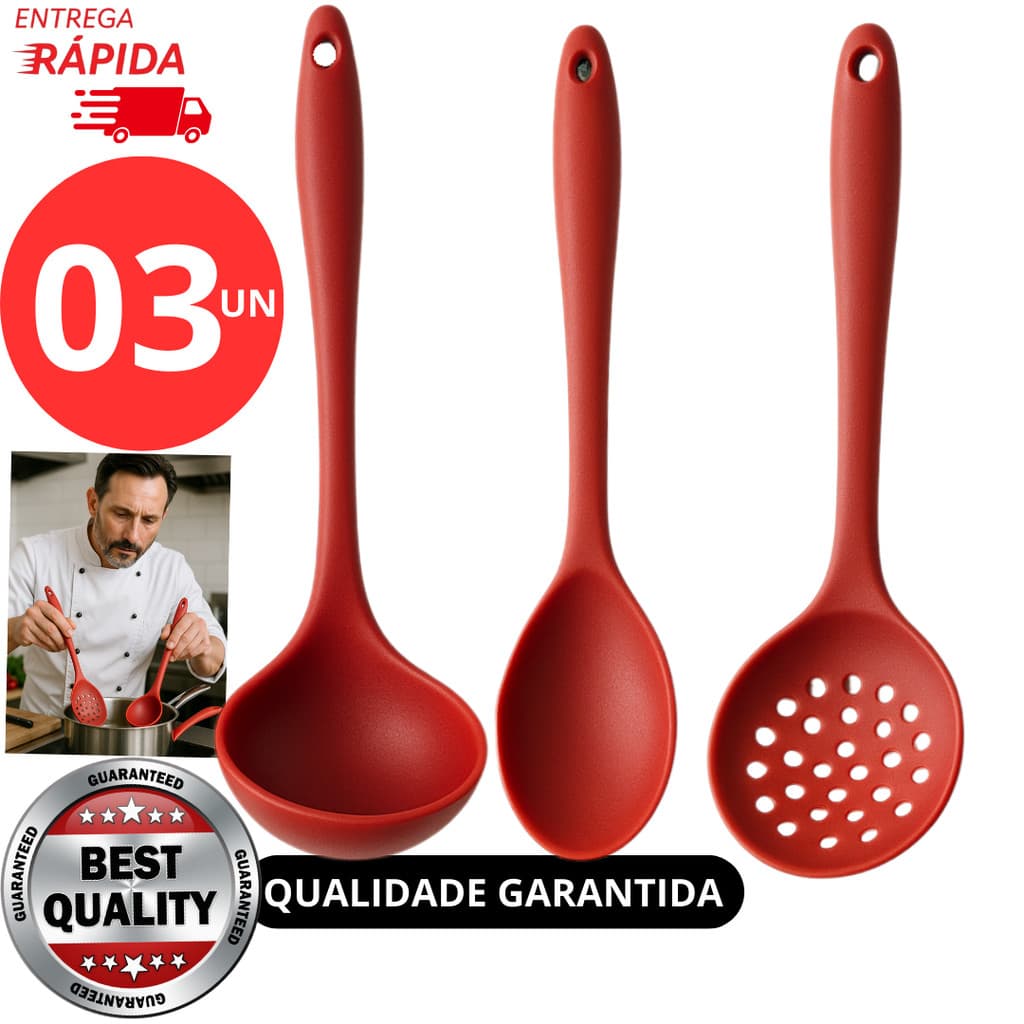 Kit 3 Peças Utensílios de Silicone Linha Premium Colher Escumadeira e Concha de Cozinha