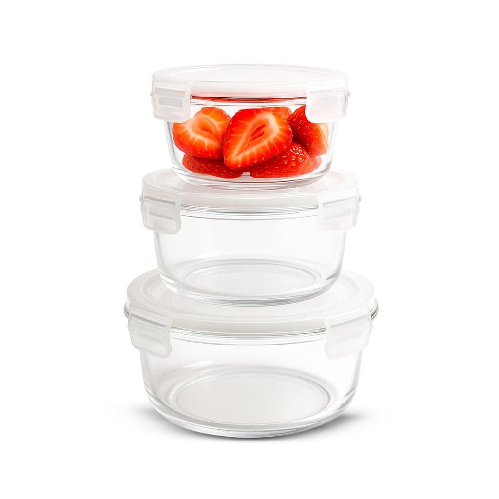 Kit 3 potes marmita Vidro hermético multiuso Redondo refratário tampa 850ml/560ml/360ml