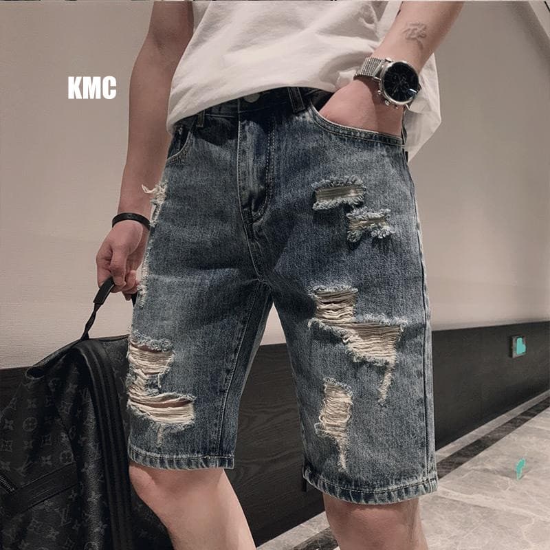 Shorts jeans masculino rasgado estilo coreano calças cortadas retas shorts casuais masculinos