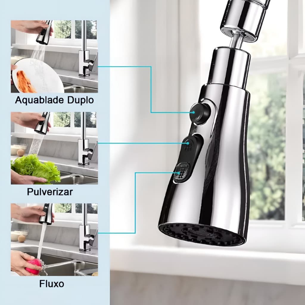 Extensor Giratório p/Torneira 3 Jatos Bico Aerador Gira 360° economia de água cabeça de extensão para casa