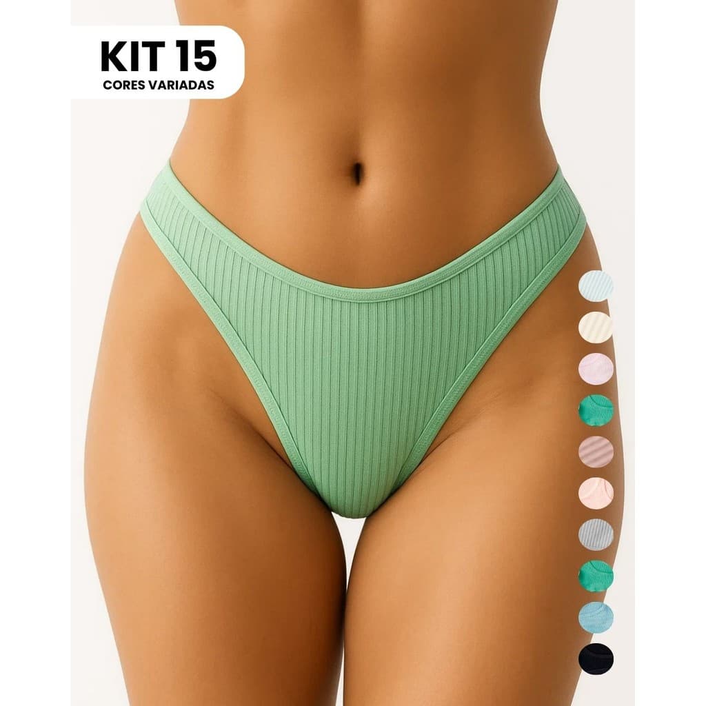 KIT 15 Calcinha Feminina Fio Dental Algodão Canelado Conforto