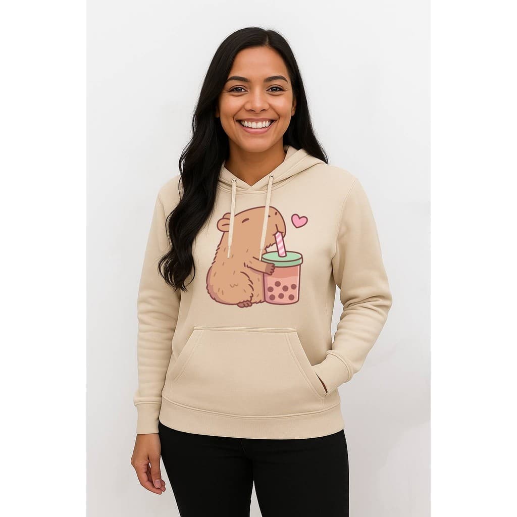 Blusa Moletom Casaco Cute Capybara Loves Bubble Tea Capivara Fofa Canguru Algodão