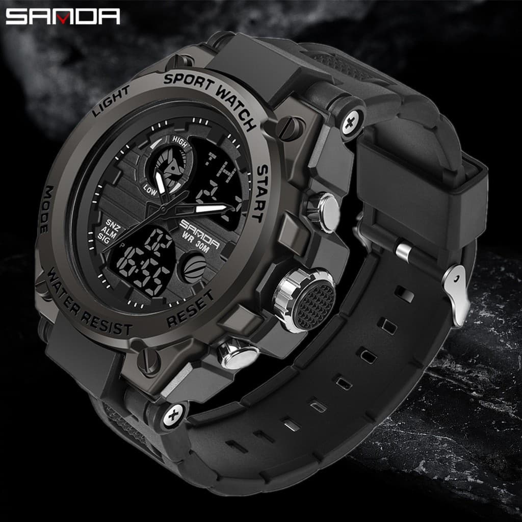 SANDA Relógios esportivos de moda marca de luxo à prova d 'água com cronógrafo duplo display masculino
