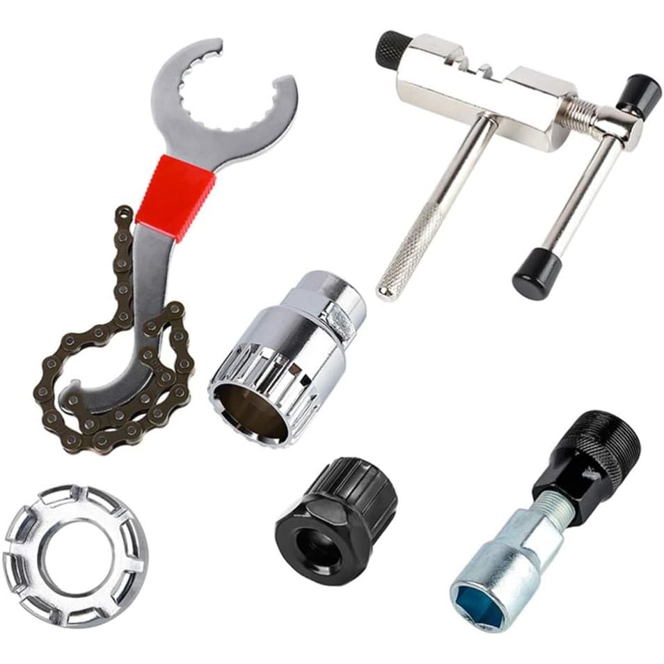 Kit Ferramentas Manutenção Bike MTB SPEED Extrator Pedivela Roda Livre K7 Hollowtech Corrente Chave Raios 6 Peças