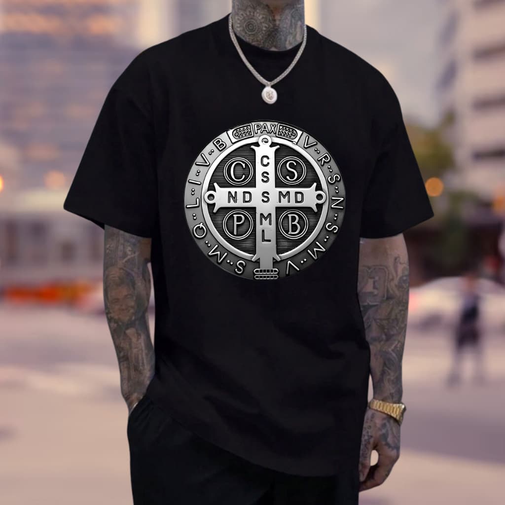 Camiseta Premium Medalha De São Bento A Cruz Sagrada Religiosa Crista 100% Algodao Envio Imediato