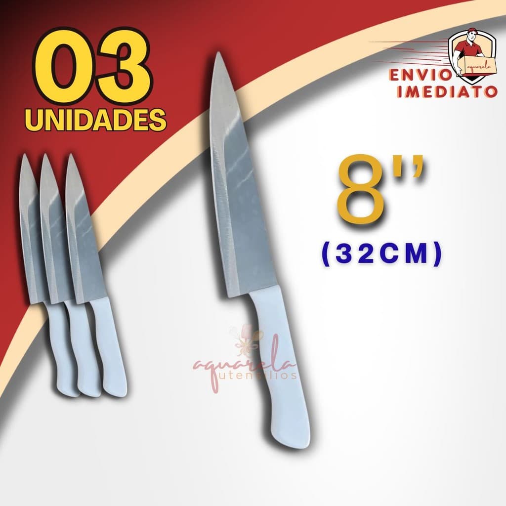 03 Faca De Cozinha Grande 8 Polegadas Inox Profissional Do Chef Cabo Branco Antibacteriano 30CM