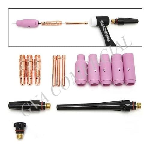 Kit Tocha Solda Tig Bocal Pinça Capa Difusor 1,6mm Wp 17/18/26 e 350