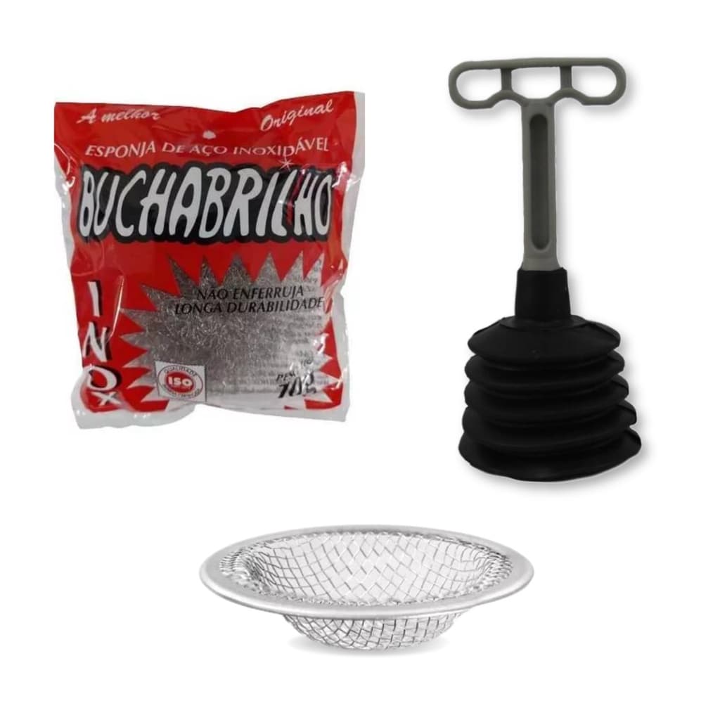 Ralinho de Banheiro Pia de Cozinha + Esponja de Aço inoxidável e Desentupidor de Pia Ralos