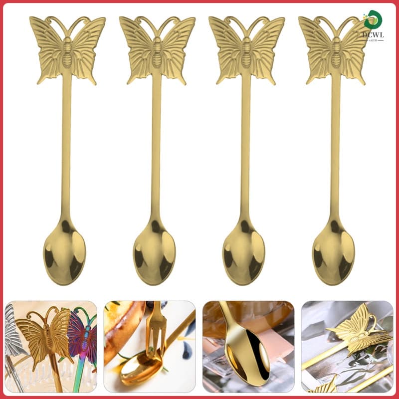 💍 Conjunto de 4 Colheres com Cabo Longo em Aço Inoxidável Dourado para Sobremesa e Salada 6,3in Uso Doméstico