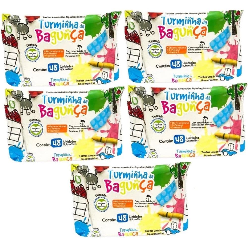Kit C/ 5 Turminha da Bagunça Toalha Umedecida 48 Unidades