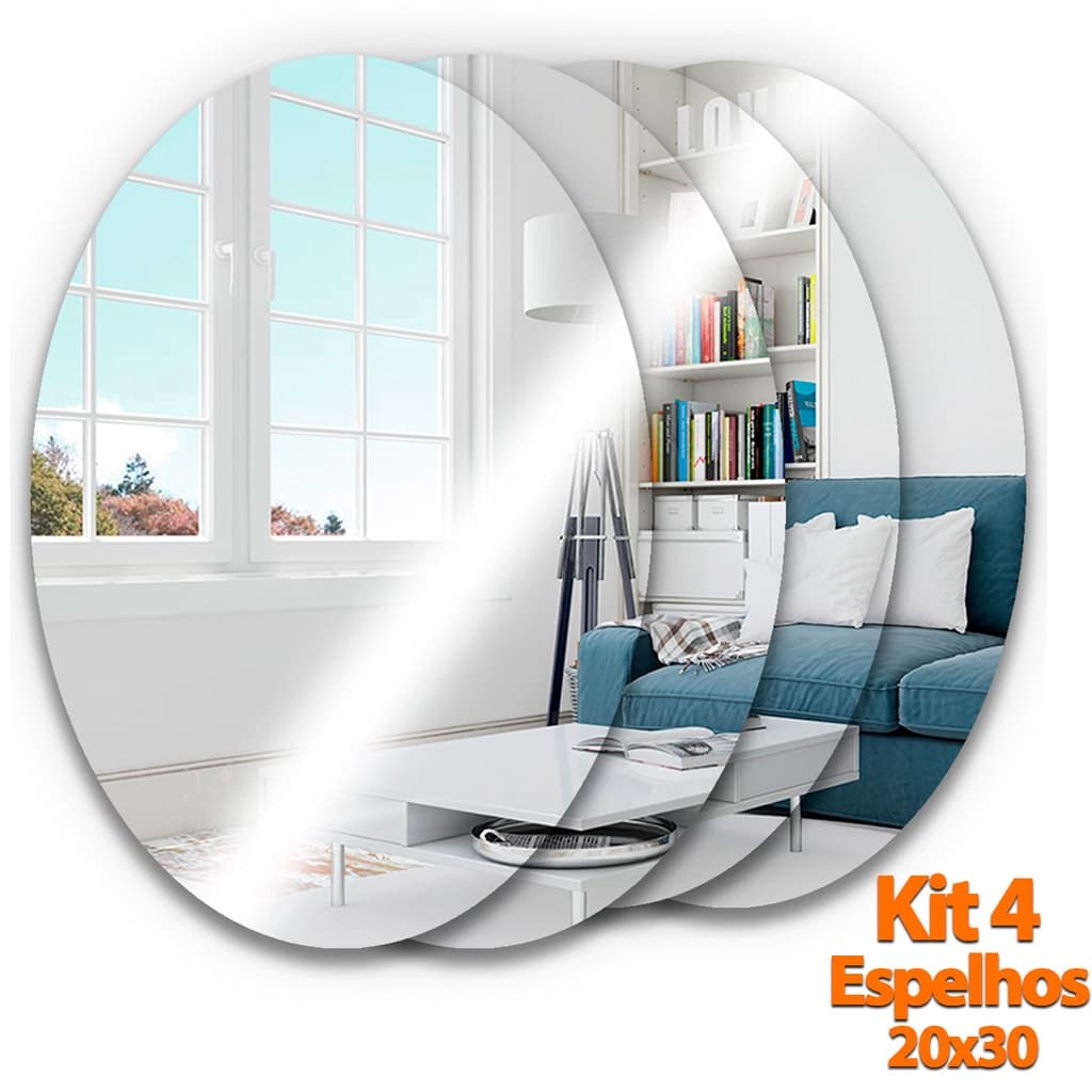 Kit 4 Espelho Adesivo Acrilico Oval 30x20cm Boa Nitidez Decorativo Sala Banheiro Oferta Pronta Entrega