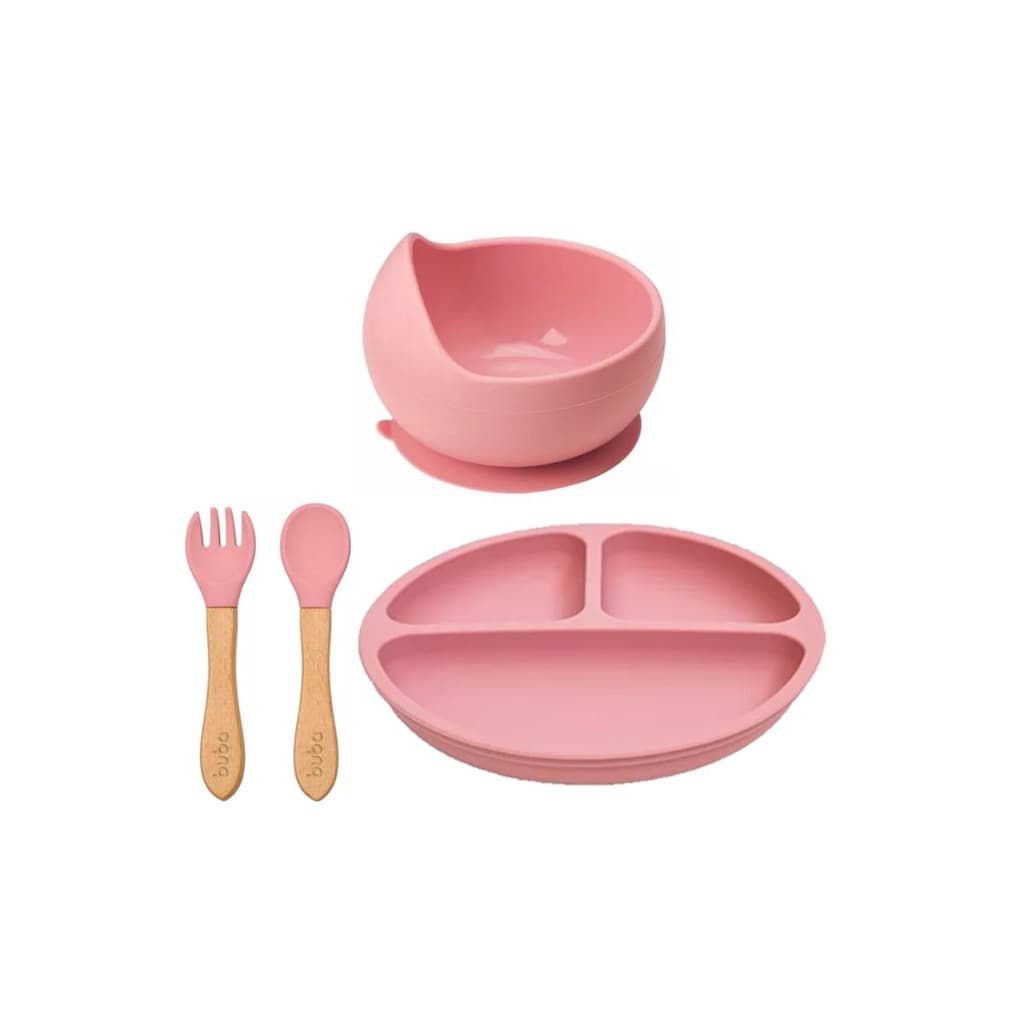Kit Buba - Pratinho, Bowl e Talheres em Silicone Rosa