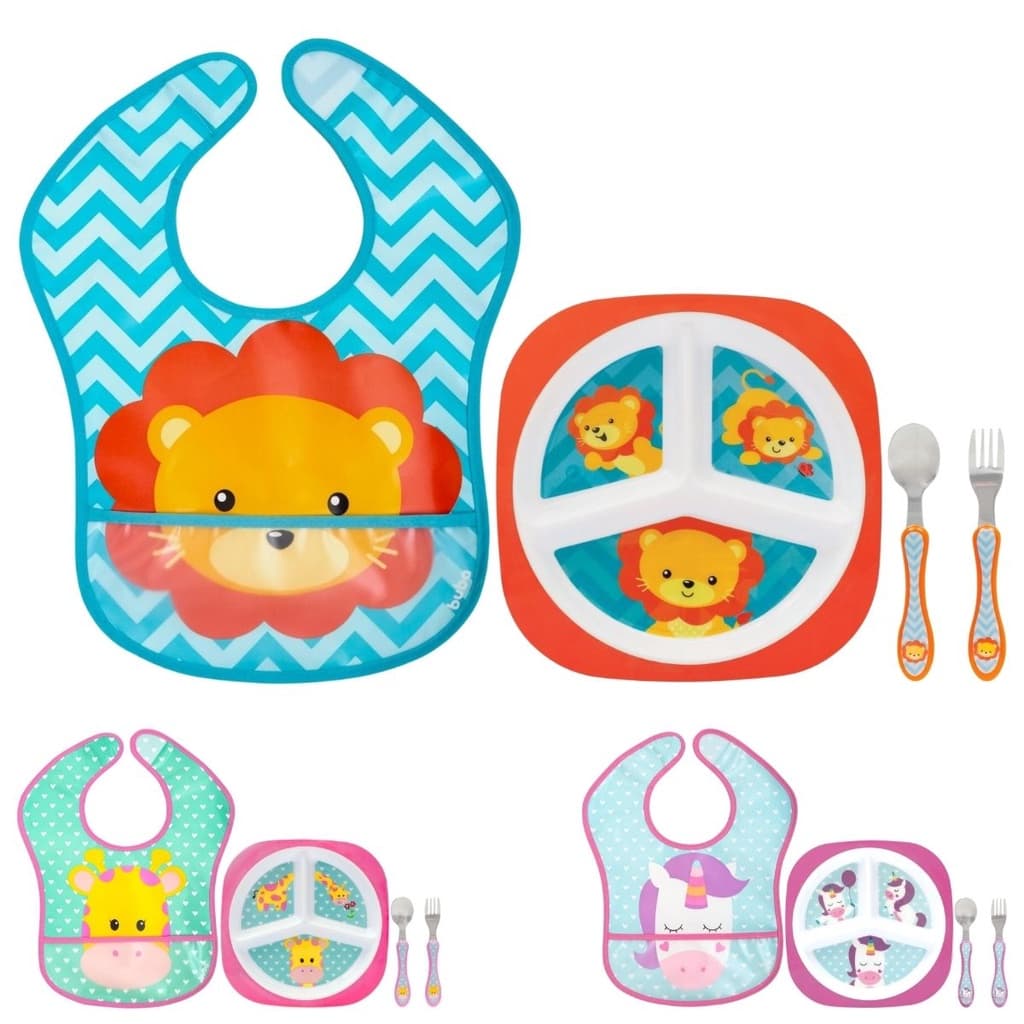 Kit Refeição Infantil 3 Peças Prato Divisórias, Kit Talher Colher e Garfo e Babador com Pega Migalhas Buba Animal Fun