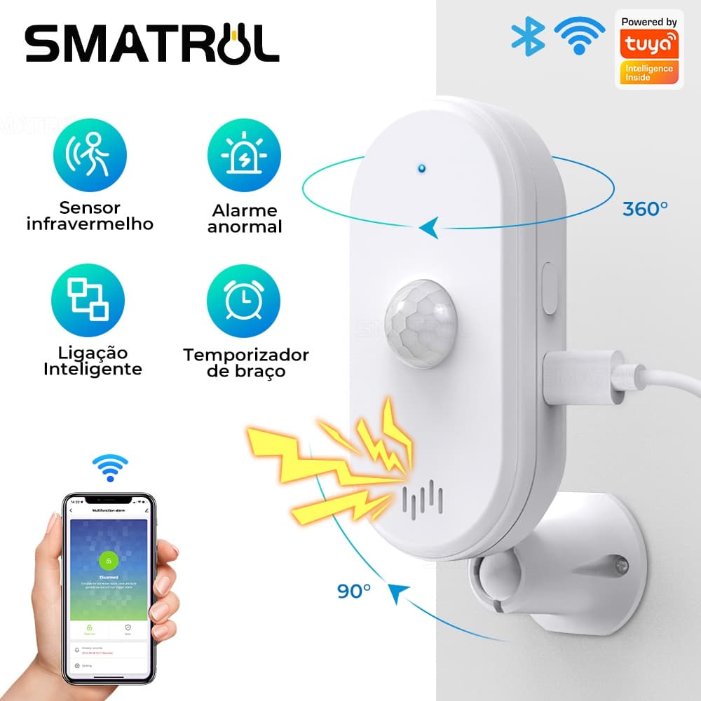 SMATRUL Tuya Smart Wifi Pir Sensor De Movimento Usb Home Sistema De Segurança Detector De Alarme App Controle Remoto Armadura De Tempo