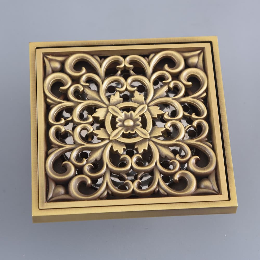 Quadrado Esculpido 4 " Dreno De Piso De Latão Antigo Grelhas De Resíduos Chuveiro Banheiro Chão-Inserção De Azulejo Shr1