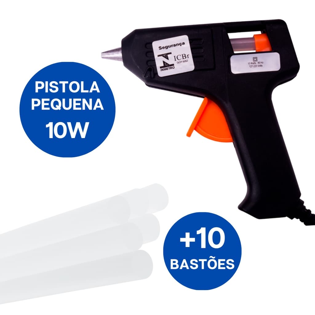 Pistola Para Cola Quente Pequena Bico Fino Kit C/ 10 Bastões Refil 7mm x 30cm