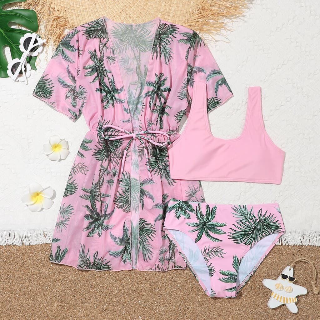 Meninas 3pack Palma De Coco Impressão Biquíni Rosa Fato De Banho & Kimono 8-12 Anos Infantil De Três Peças