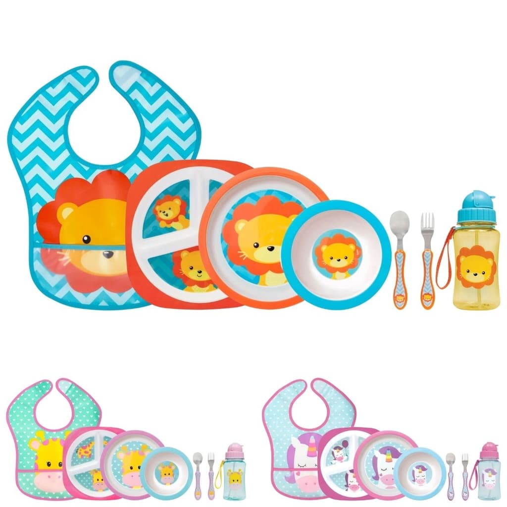 Kit Refeição Infantil 6 Peças Prato Divisórias, Prato Raso, Bowl, Kit Talher Colher e Garfo, Garrafa Canudo Silicone e Babador com Pega Migalhas Buba Animal Fun