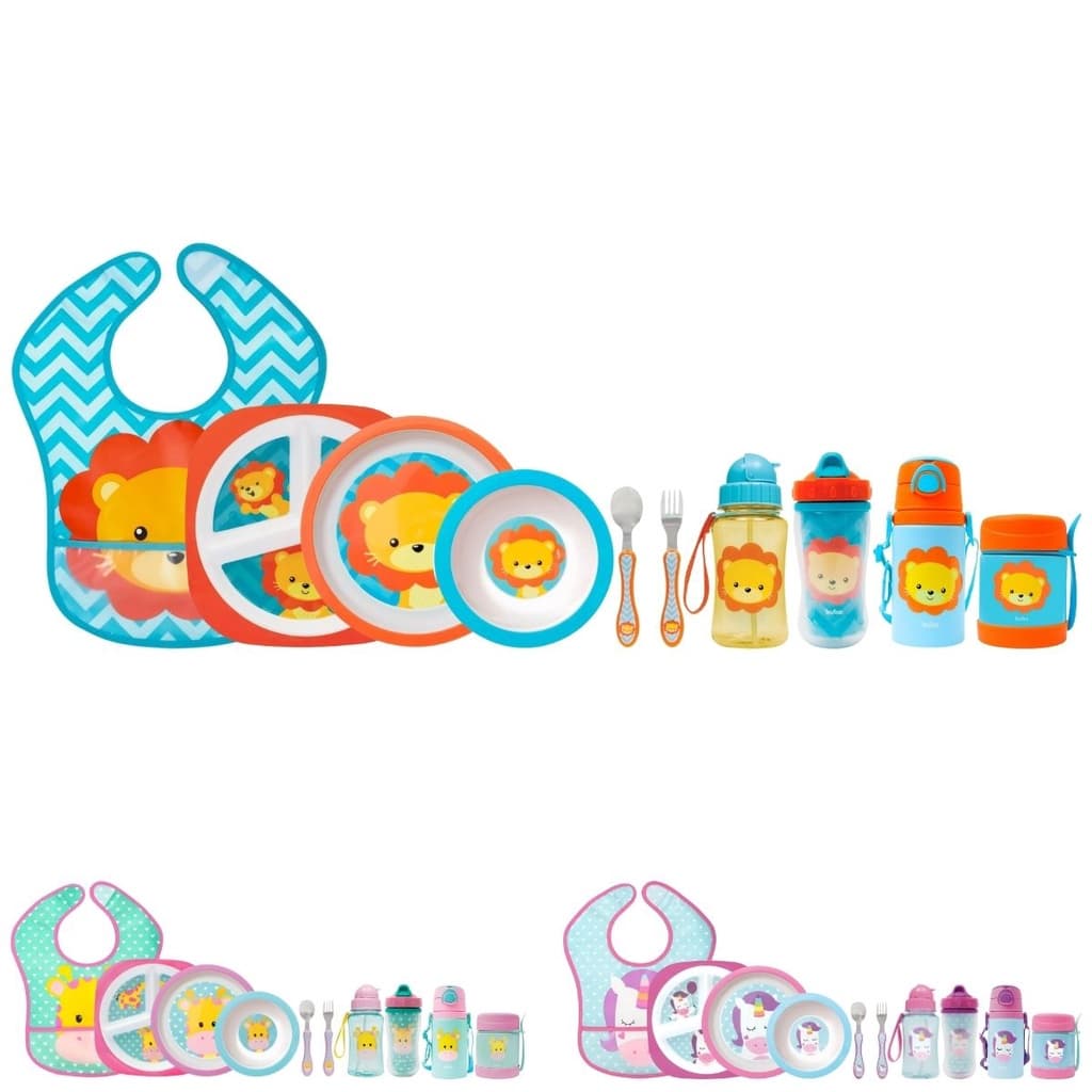 Kit Refeição Infantil 9 Peças Prato Divisórias, Prato Raso, Bowl, Kit Talher Colher e Garfo, Garrafa Canudo Silicone 350ml,  Copo Parede Dupla 320ml, Garrafa Alumínio 400ml, Pote Térmico e Babador com Pega Migalhas Buba Animal Fun