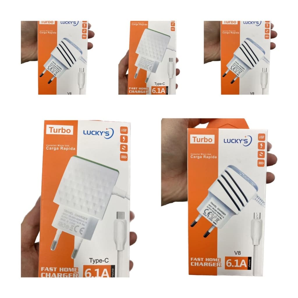 Kit 5 Carregador De Tomada Type C Ou V8 Com 2 Saídas USB 6.1A Cabo 1.2 Metros Rápido
