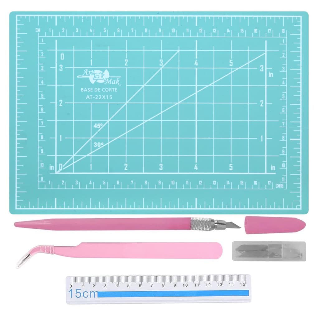 Kit Base de Corte A5 + Régua 15cm + Estilete de Precisão + Pinça Curva